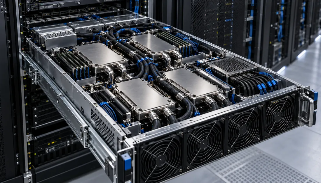 Conceptual illustration of an open compute chassis with liquid cooling