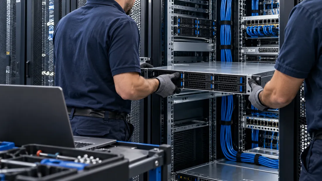 Conceptual commissioning scene with technicians installing rack equipment