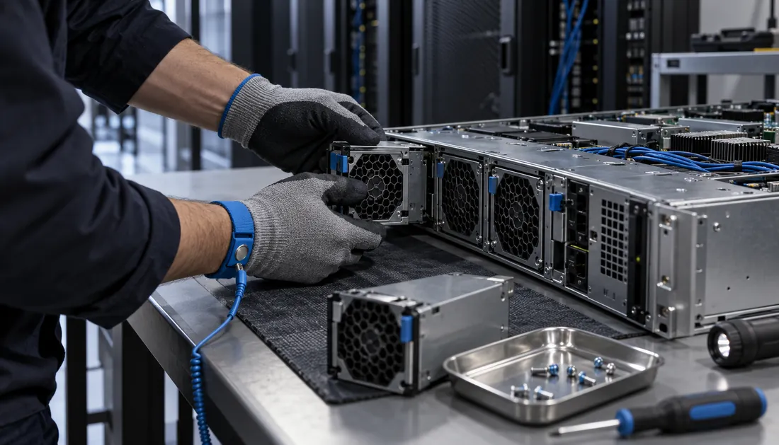 Conceptual maintenance scene showing a replaceable server fan